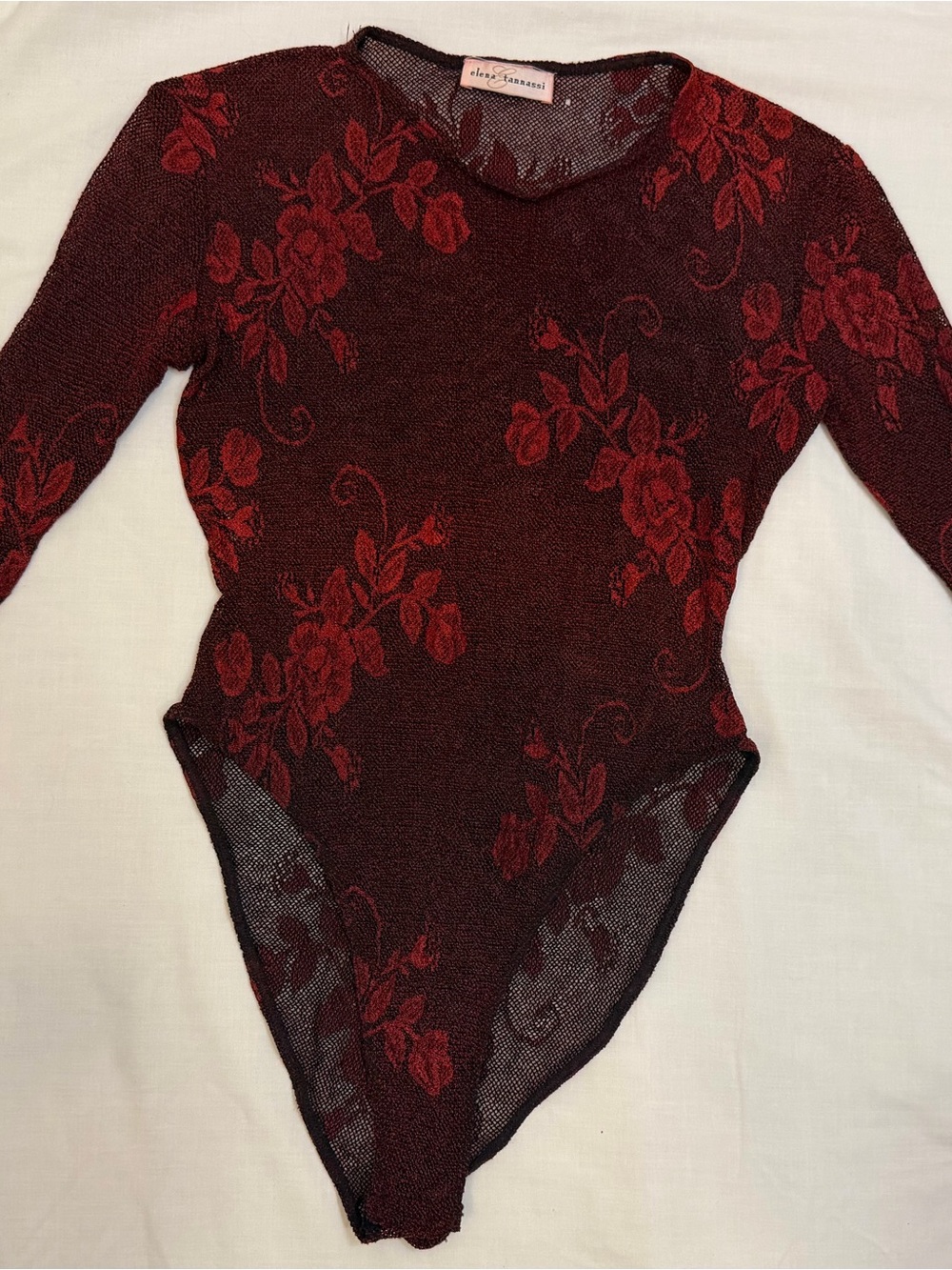 Sheer Floral Long-Sleeve Burgundy Bodysuit
